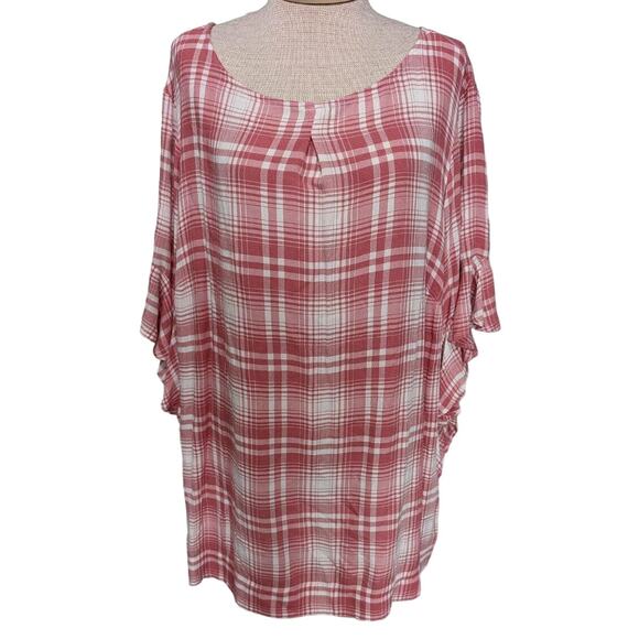 Chaps Ralph Lauren Pink White Plaid Bell Sleeve Lightweight Gauzy Blouse Sz 2x - Picture 1 of 6